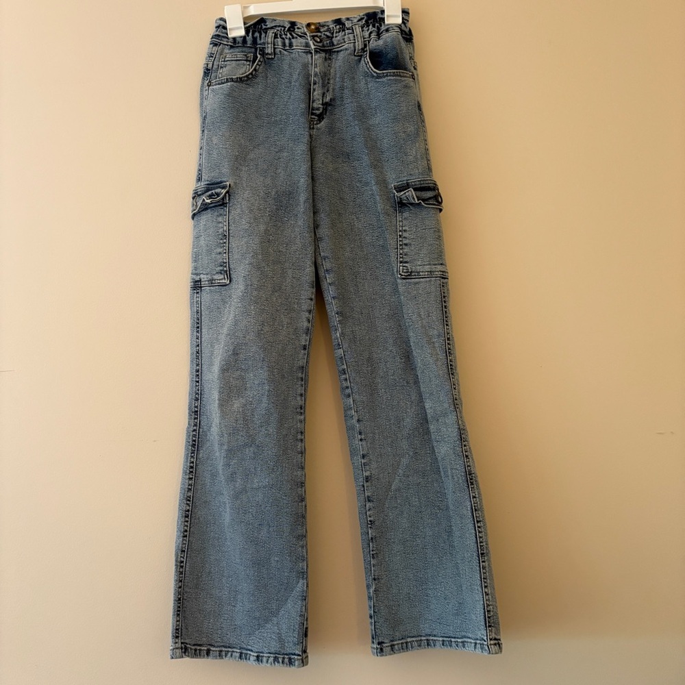 Toni Wanhill Girls Light Wash Cargo Wide Leg Jeans Size 14 164 Stretch